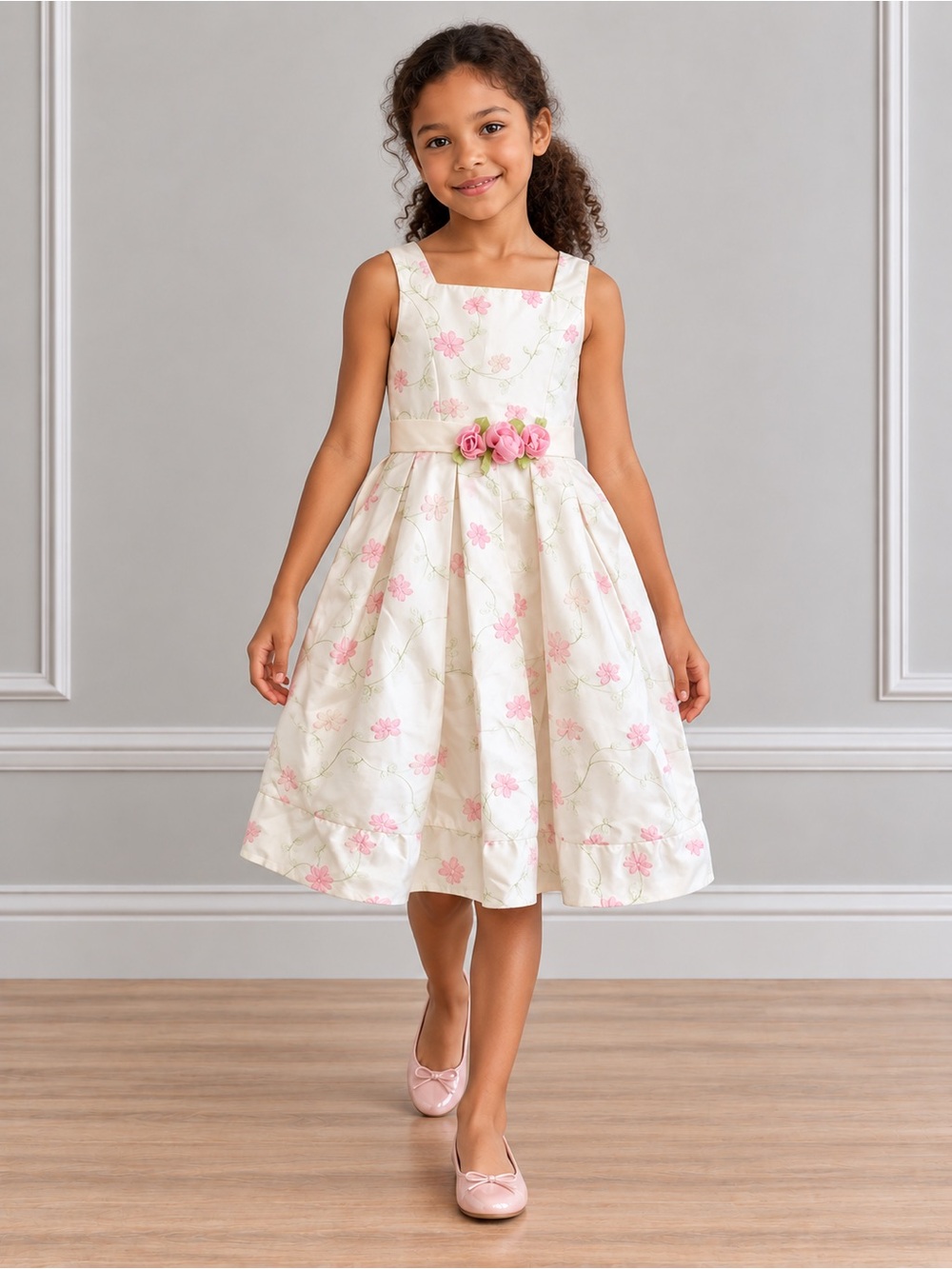 Ivory Floral Embroidered Square-Neck Party Dress with Pink Accents for Girls